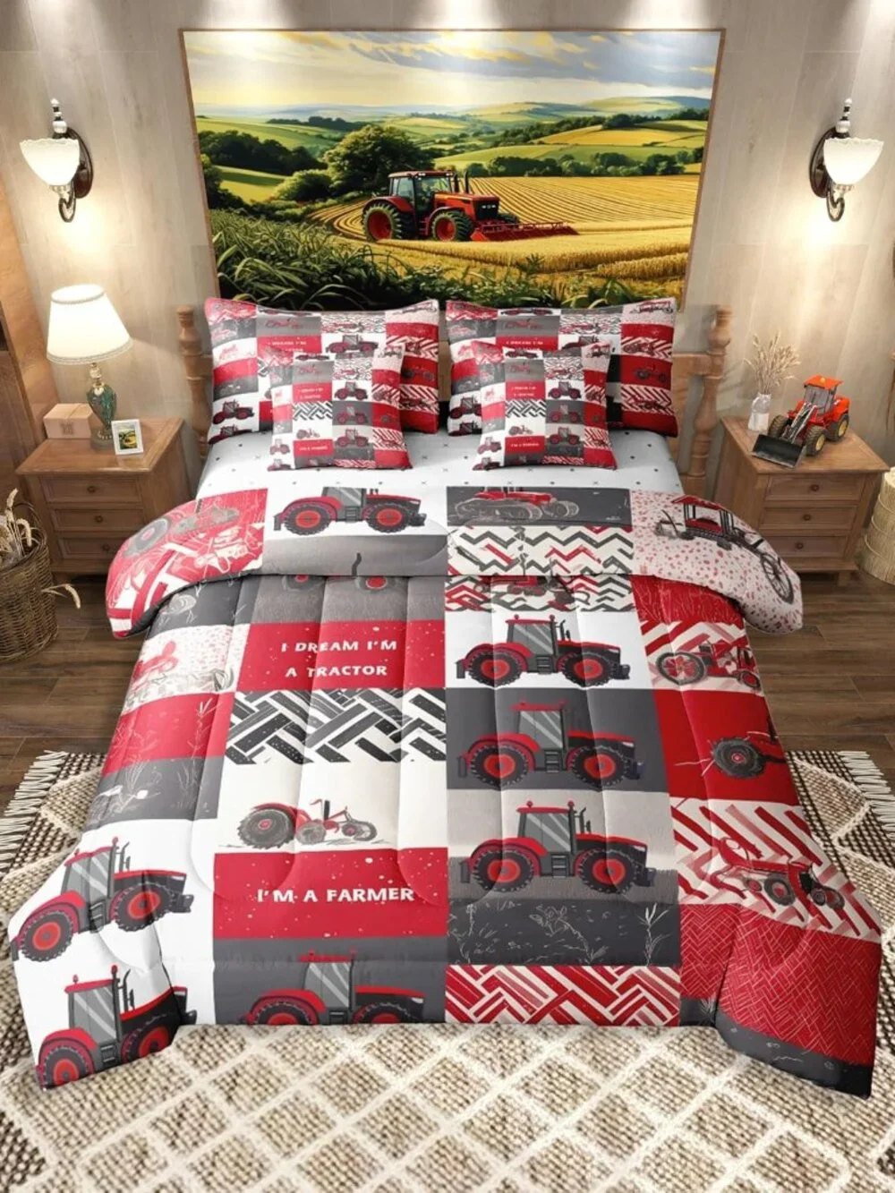 7 Pcs Kids Tractor Bedding Sets Red Cartoon Tractor Quilt with Flat Fitted Sheet